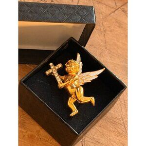 Vintage Gold Cherub Angel Pin With Rhinestone Cross & White Enamel Wings